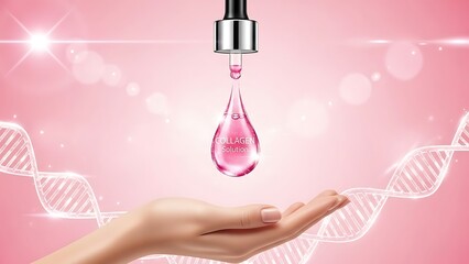 Collagen solution dripping from pipette onto hand with dna strands