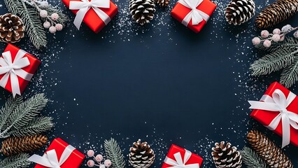 Festive christmas gifts and pine cones border on dark background