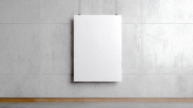 Poster Presentation: A blank poster suspended against a stark, modern, concrete wall, a perfect canvas for your design ideas. Its minimalistic aesthetic offers versatile creative possibility. 