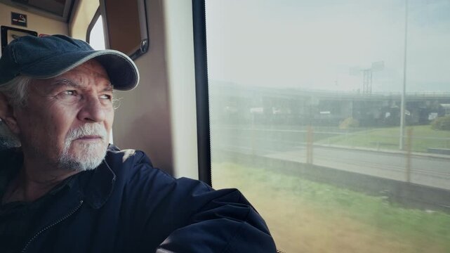 Old Man Watches Out of the Window as the Train Moves