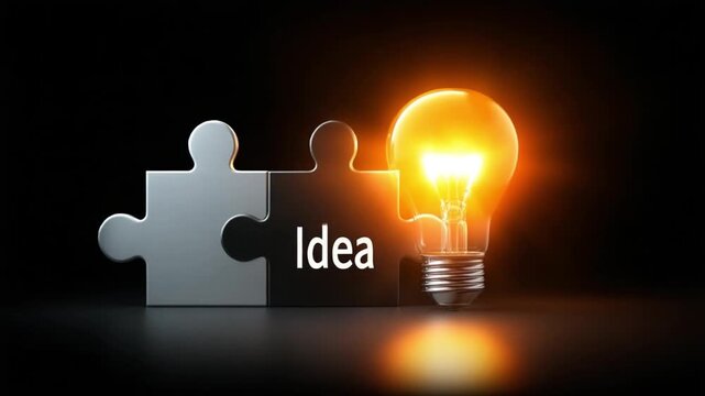 Four interconnected puzzle pieces forming a radiant light bulb silhouette, simple vector layout with "Idea" highlighted softly