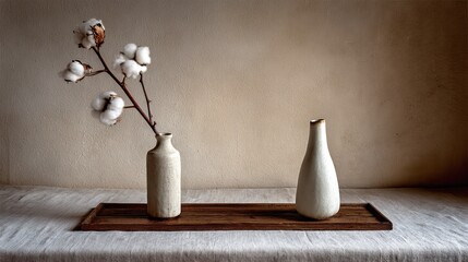 Delicate cotton stems adorn simple ceramic vases on a wooden tray.