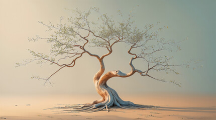 Artistic rendering of a serene tree with slender branches stretching upwards and robust roots digging deep into the earth, depicted in a minimalist photo style with a muted color palette, soft focus, 