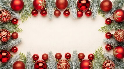 Red christmas ornaments border with fir branches on white