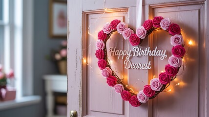 A beautiful heart shaped floral wreath adorned with pink and red roses and twinkling fairy lights hangs on a closed door celebrating a special birthday