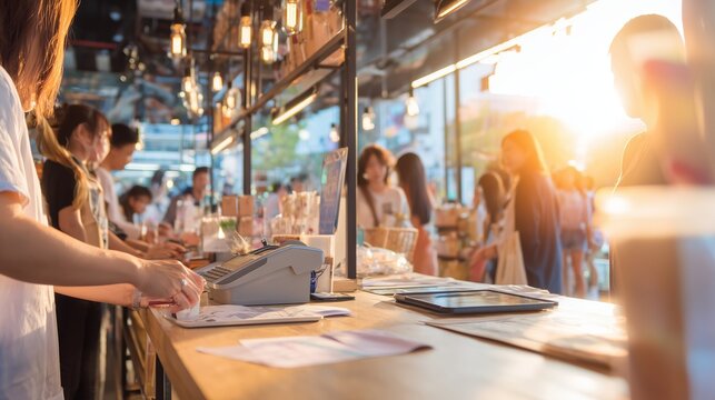 Busy cafe during sunset with customers enjoying drinks and food