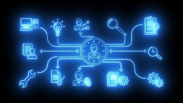 Data integration and information system workflow diagram with neon connection icons showing centralized hub linking multitool operations and business communication channels