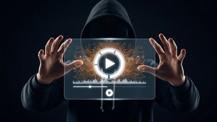 Hacker controlling digital media playback with futuristic interface on tablet