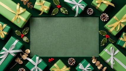 Festive green christmas gifts border with copy space