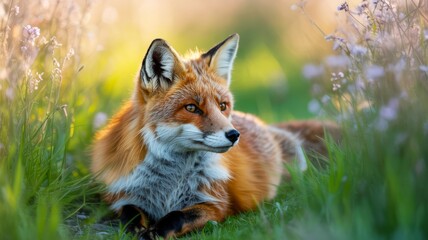 Naklejka premium A beautiful red fox lounges gracefully in a lush green field adorned with delicate flowers, basking in the soft sunlight.
