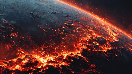 A dramatic fiery lava planet glows intensely against the darkness of space, its molten surface erupting with streams of burning magma, cracks of glowing lava, and swirling volcanic heat. The planet’s 