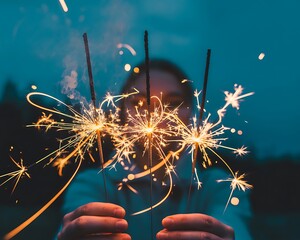 A person holding multiple sparklers in the dark creating a dazzling display of bright fiery sparks against a deep blue twilight sky