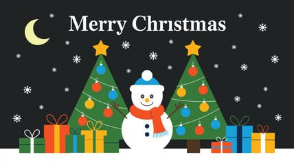 Festive christmas scene with snowman trees and holiday gifts