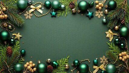 Emerald green christmas ornaments border with pine needles