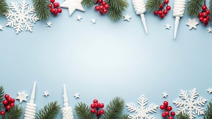 Winter holiday border with pine needles and red berries