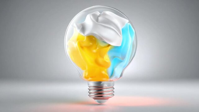 Smooth vector puzzle animation showing key components forming an innovation bulb, blue and yellow glow, white minimal background
