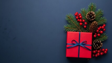 Red christmas gift box with pine sprigs and berries