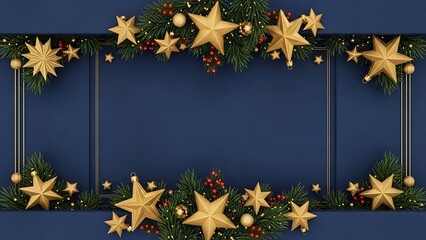 Golden star garland festive christmas border dark blue background