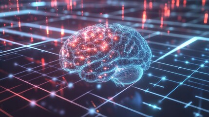 Futuristic digital brain illustration glowing with vibrant colors, showcasing neural connections and data flow in a high-tech environment with copy space