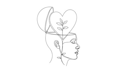 Abstract one line art of a human head with an open mind, a continuous drawing concept of mental health, love, and personal growth
