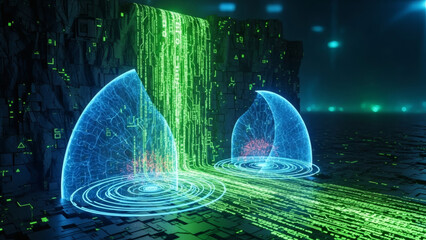 Abstract digital waterfall with glowing shields and binary code streams, futuristic technology concept