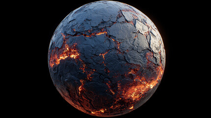 A dramatic fiery lava planet glows intensely against the darkness of space, its molten surface erupting with streams of burning magma, cracks of glowing lava, and swirling volcanic heat. The planet’s 