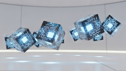 Abstract 3D rendering of glowing blue cubes with intricate circuit patterns, representing advanced technology, data processing, and future computing concepts in a clean, minimalist environment