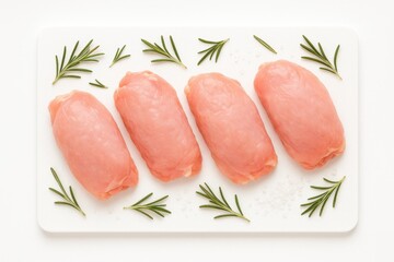 Trimmed raw chicken thighs in neat staggered line on bright white cutting board top view on seamless white background