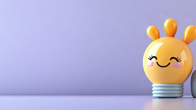 A cheerful lightbulb character with a smiling face on a purple background. The image evokes feelings of happiness and creativity.