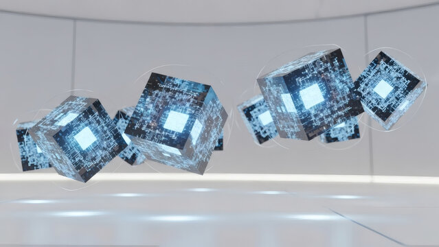 Abstract 3D rendering of glowing blue cubes with intricate circuit patterns, representing advanced technology, data processing, and future computing concepts in a clean, minimalist environment - Powered by Adobe