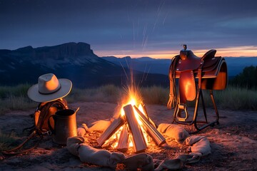 A cozy campfire illuminates a cowboy hat and saddle at dusk with a vast mountain landscape under a starry twilight sky