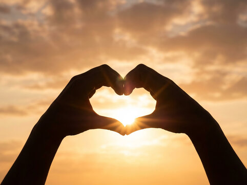 Love, hope, and compassion concept with hands making a heart shape silhouette against a beautiful golden sunset sky. - Powered by Adobe