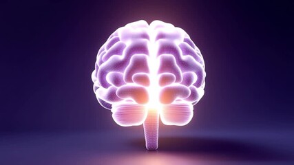 3D holo brain made of sparkling light dots, rotating gracefully, synapse lines glowing intensely, deep purple tech mood - Powered by Adobe