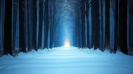 A snow-covered path leads through a dark forest towards a bright light, creating a sense of mystery and wonder. The winter landscape is serene and atmospheric.