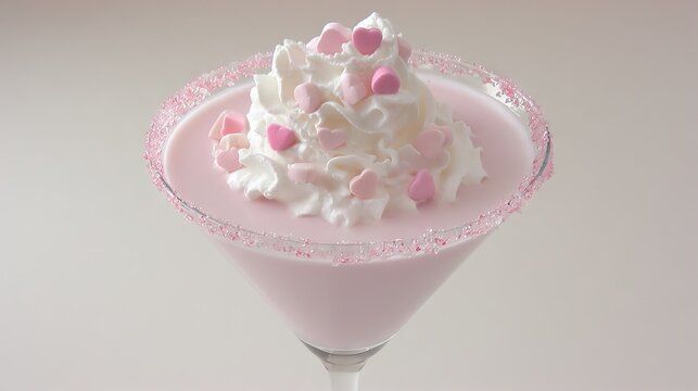 A pastel pink strawberry cocktail sits elegantly in a martini glass. Topped with fluffy whipped cream and colorful heart sprinkles, it adds a sweet touch to any cheerful gathering