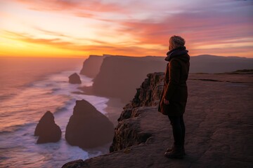 A lone figure stands on a cliff edge gazing at a dramatic sunset over the ocean with crashing waves
