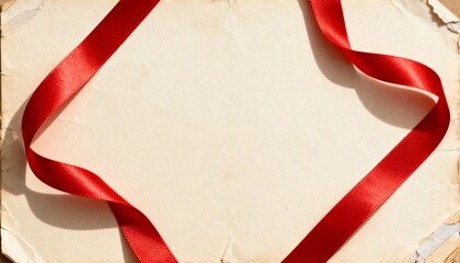 Vintage old paper background with red ribbon frame. Antique parchment texture with satin border. Blank sheet for Christmas or Valentine greeting card. Flat lay with copy space