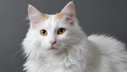 Fototapeta premium Turkish Angora Cat with Soft White Fur and Expressive Eyes Poses Gracefully on Gray Background