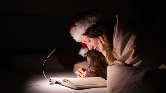 Young woman wearing a red santa hat lying in bed under a cozy blanket, writing a christmas letter to santa claus in a notebook illuminated by a small lamp in the dark before bedtime