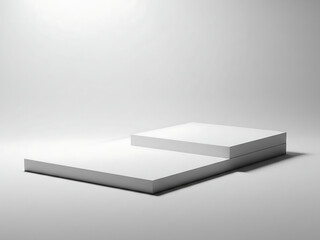 Geometric cube shadow scene, Empty white abstract table - platform with empty space for product placement and design solutions, blank illuminated white background, blank bright step platform white bac