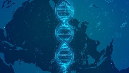 Digital DNA Strand on World Map: Exploring Genetic Data Across the Globe