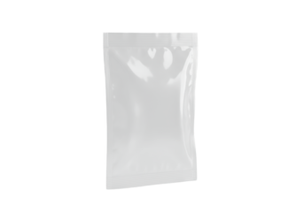 A blank, empty, transparent plastic sachet of clear polyethylene film, subtly wrinkled with heat-sealed edges, on a seamless transparent studio background, for product mockup concept