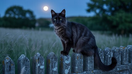 Mysterious black cat perched on a weathered wooden fence under a luminous full moon in a twilight countryside setting