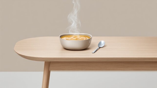 A steaming bowl of soup fills the air with warmth and aroma, placed elegantly on a minimalist wooden table. The calming backdrop enhances the inviting and cozy atmosphere of the scene