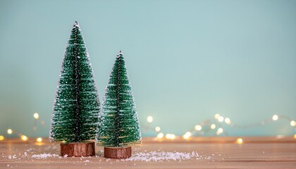 Festive Merry Christmas and Happy New Year Card with Green Spruce Tree and Lights on Blue Winter Background &ndash; Holiday Seasonal Design with Copy Space