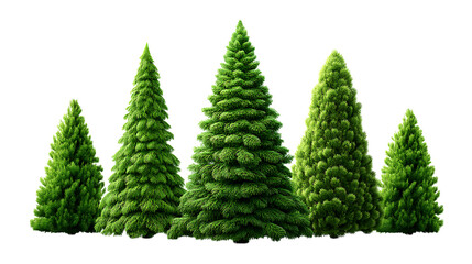 Five green fir trees of varying sizes on transparent PNG isolated background