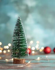 Festive Merry Christmas and Happy New Year Card with Green Spruce Tree and Lights on Blue Winter Background &ndash; Holiday Seasonal Design with Copy Space