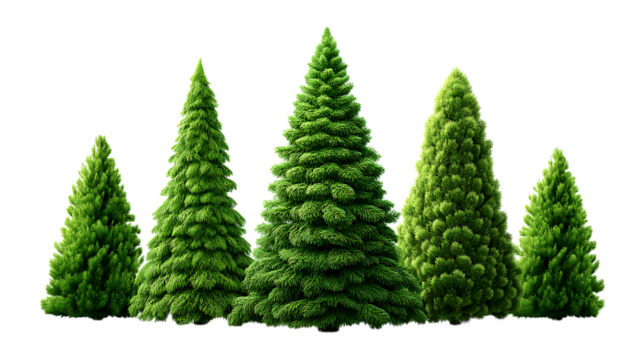 Five green fir trees of varying sizes on transparent PNG isolated background