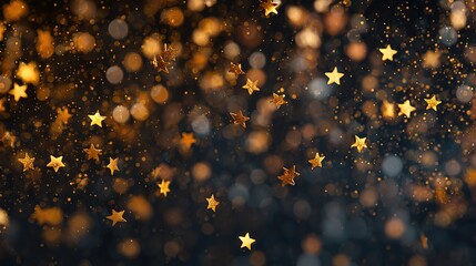 Warm golden bokeh lights illuminate a dark background with scattered star-shaped confetti, creating a festive and celebratory atmosphere. High quality
