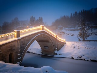 A picturesque stone arched bridge adorned with warm golden lights spans a tranquil river on a snowy winter evening